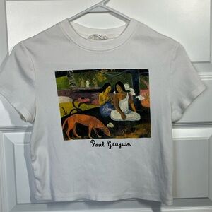 Y2K Art Girl Baby Tee Paul Gauguin Graphic Crop Top White Ribbed Aesthetic M